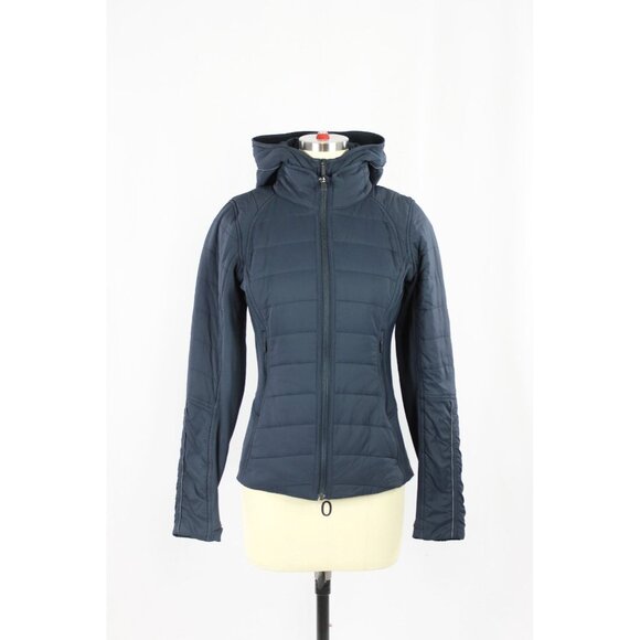 LULULEMON Extra Mile Navy Tech Fleece Removable Dickey Hooded Jacket, Size 4 - Picture 1 of 16